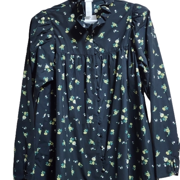 H&M floral long sleeves ruffle collar midi dress color black size medium - Picture 2 of 9